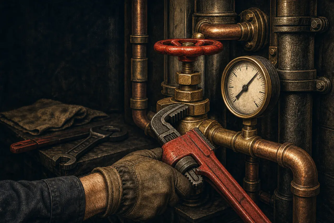 Editorial illustration of an emergency plumbing valve, gauge, and pipe wrench