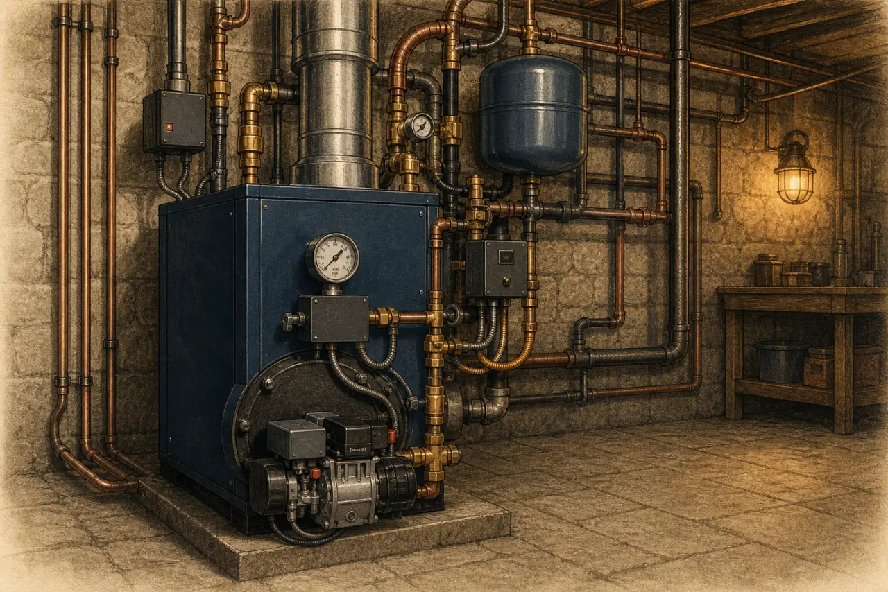 Editorial illustration of a deep-blue boiler with organized heating pipework