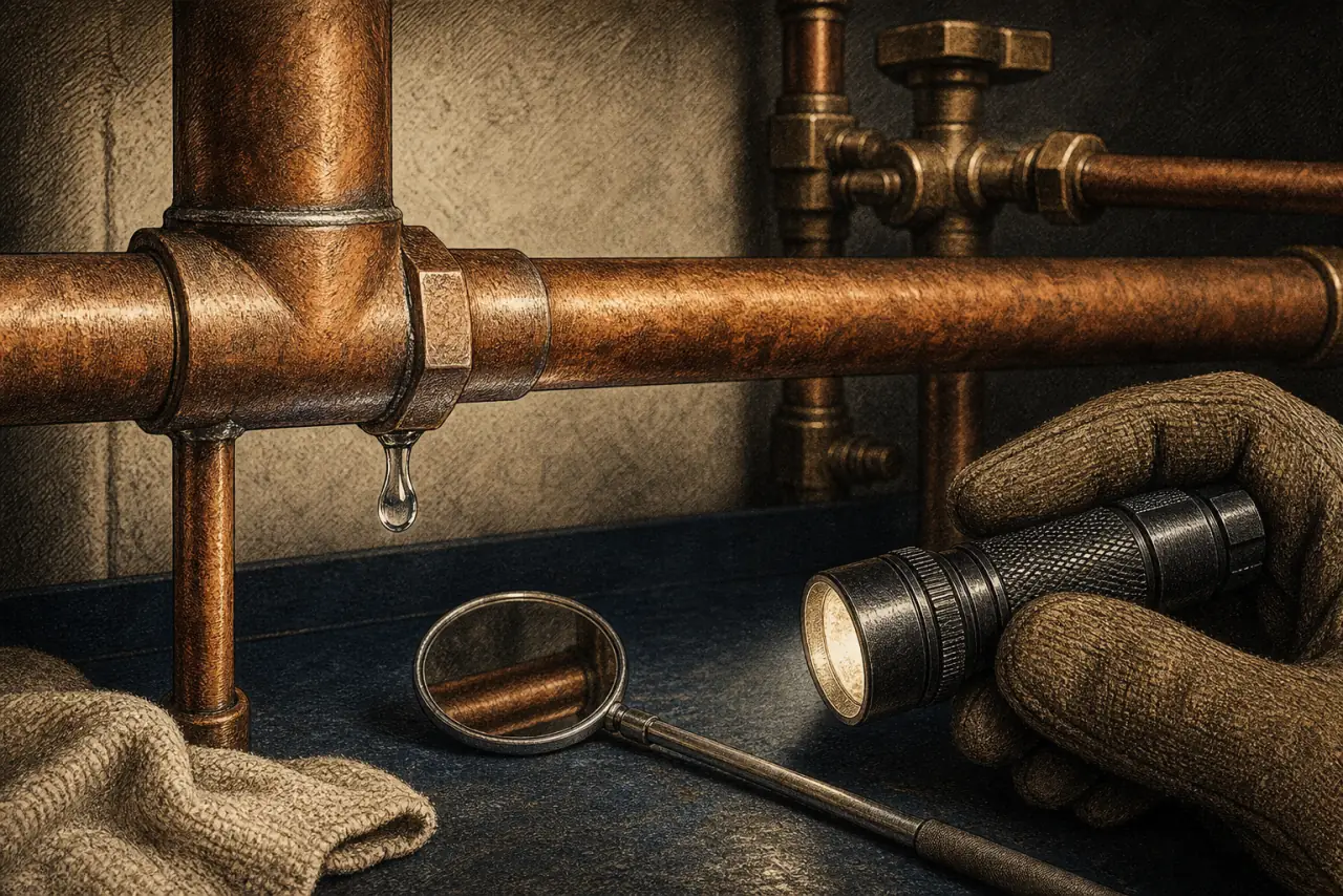 Editorial illustration of a copper pipe joint being inspected for a leak