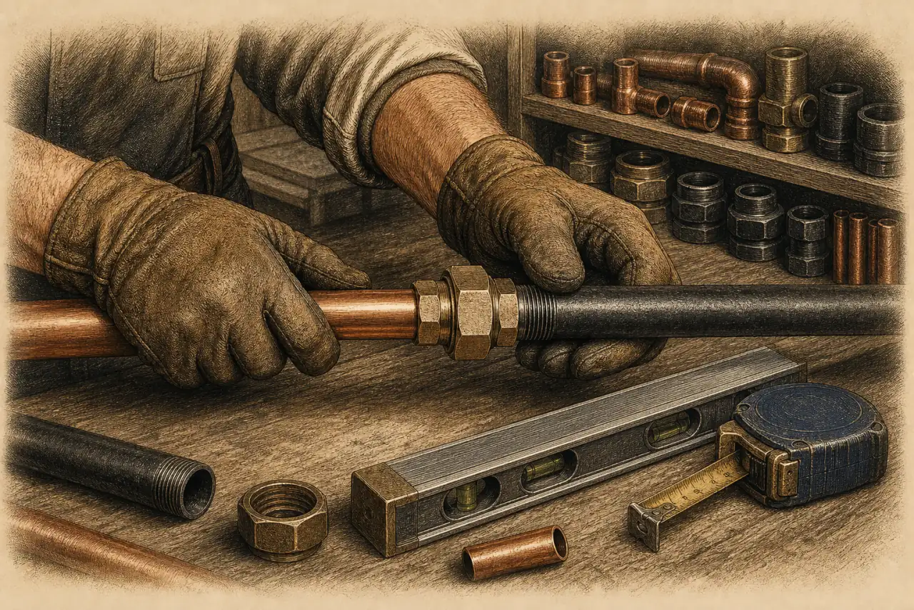 Editorial illustration of gloved hands aligning copper and black pipework