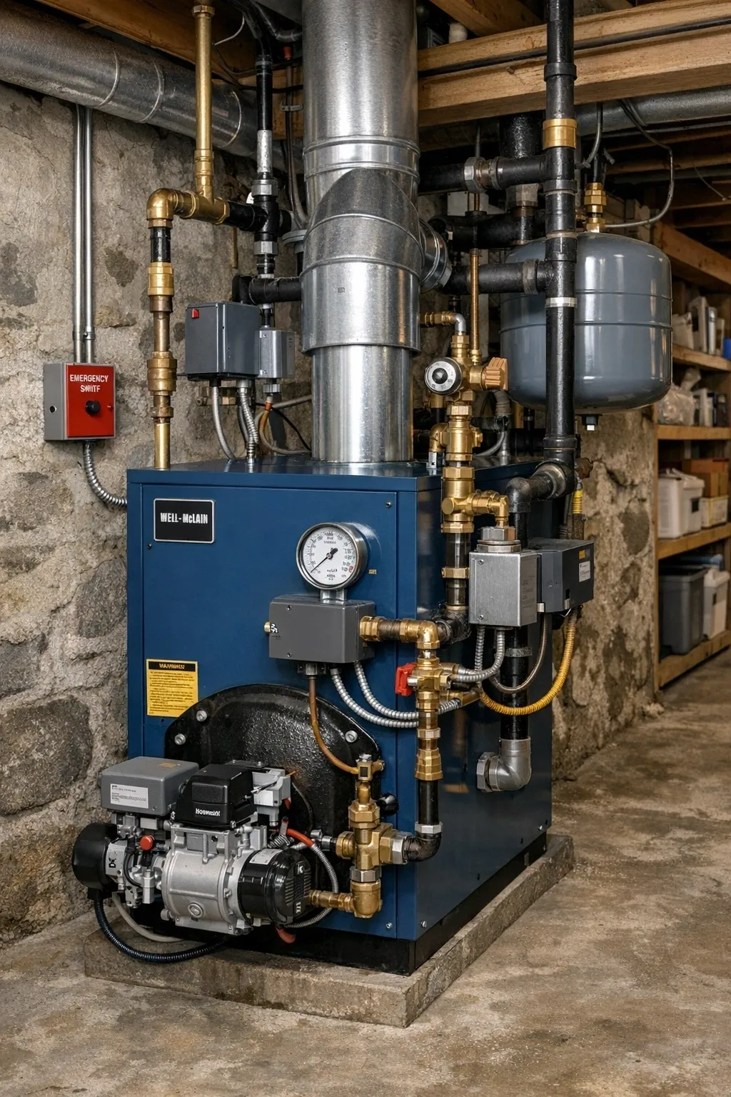 Boiler system in a basement with pipes and an emergency switch.
