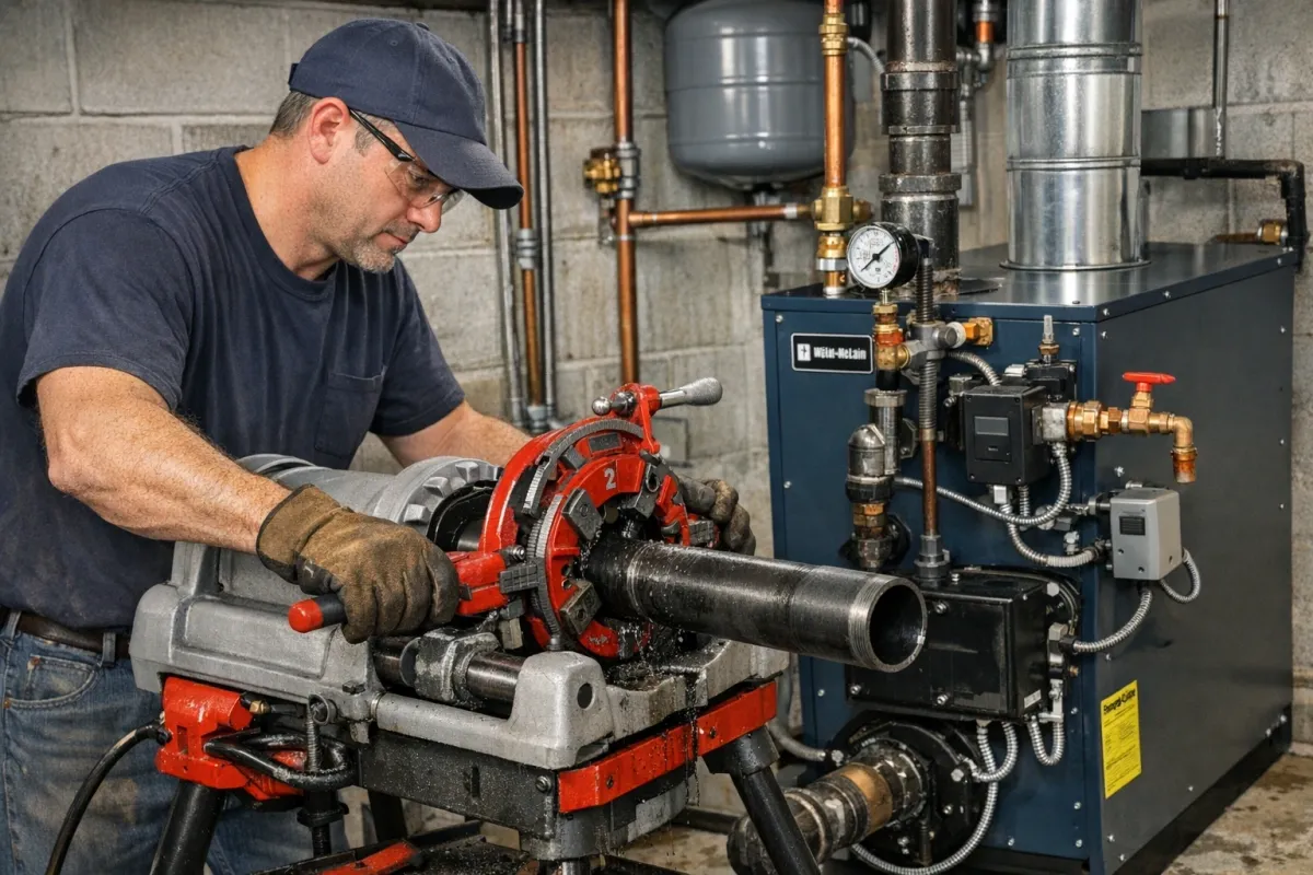 Worker cutting a pipe with a machine.