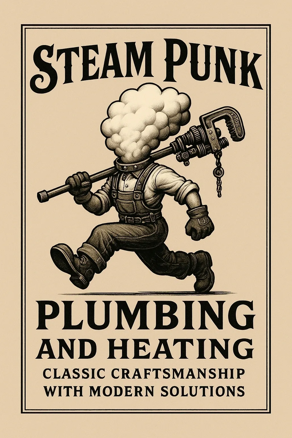 Steampunk plumber with steam head holding a wrench.